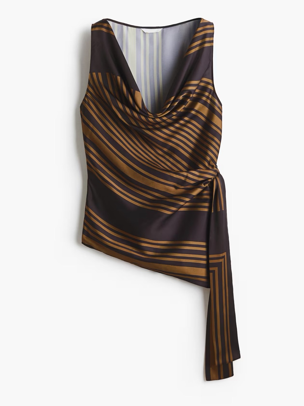 H&M NWT Asymmetric Striped tie side Sleeveless Top in Black and Brown satin